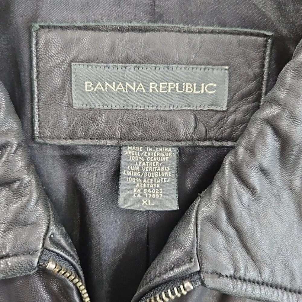 Banana Republic Full Zip Leather Jacket Men's XL‎ Jet Black Long Sleeves EUC LN